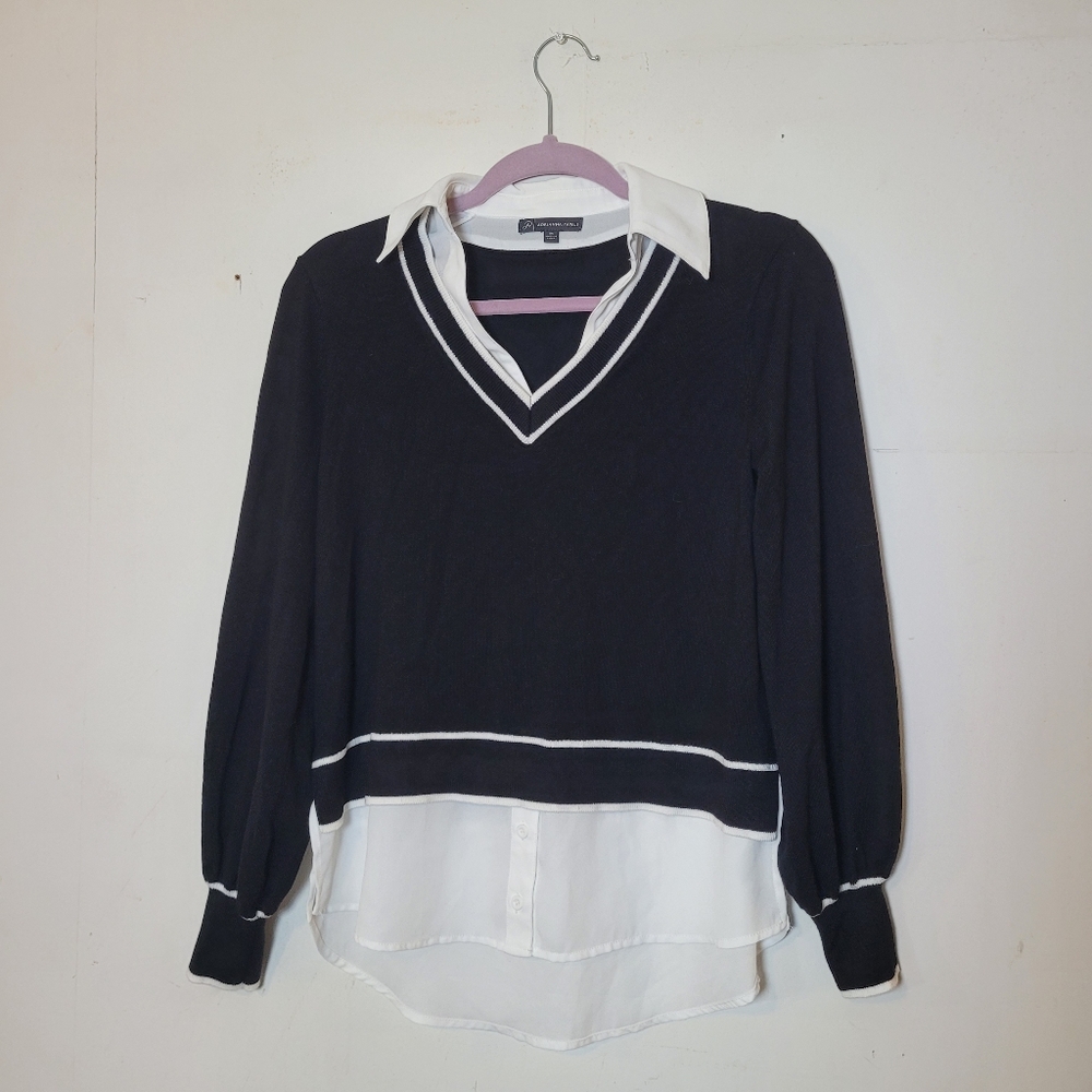 Adrianna Papell Black and White Faux Layered Sweater Blouse Size XS